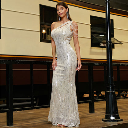 Sexy Off-the-shoulder Sequined Fishtail Dress High-grade Light Luxury Banquet