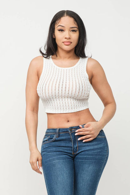 See Through Wavy Texture Knitted Crop Tank Top