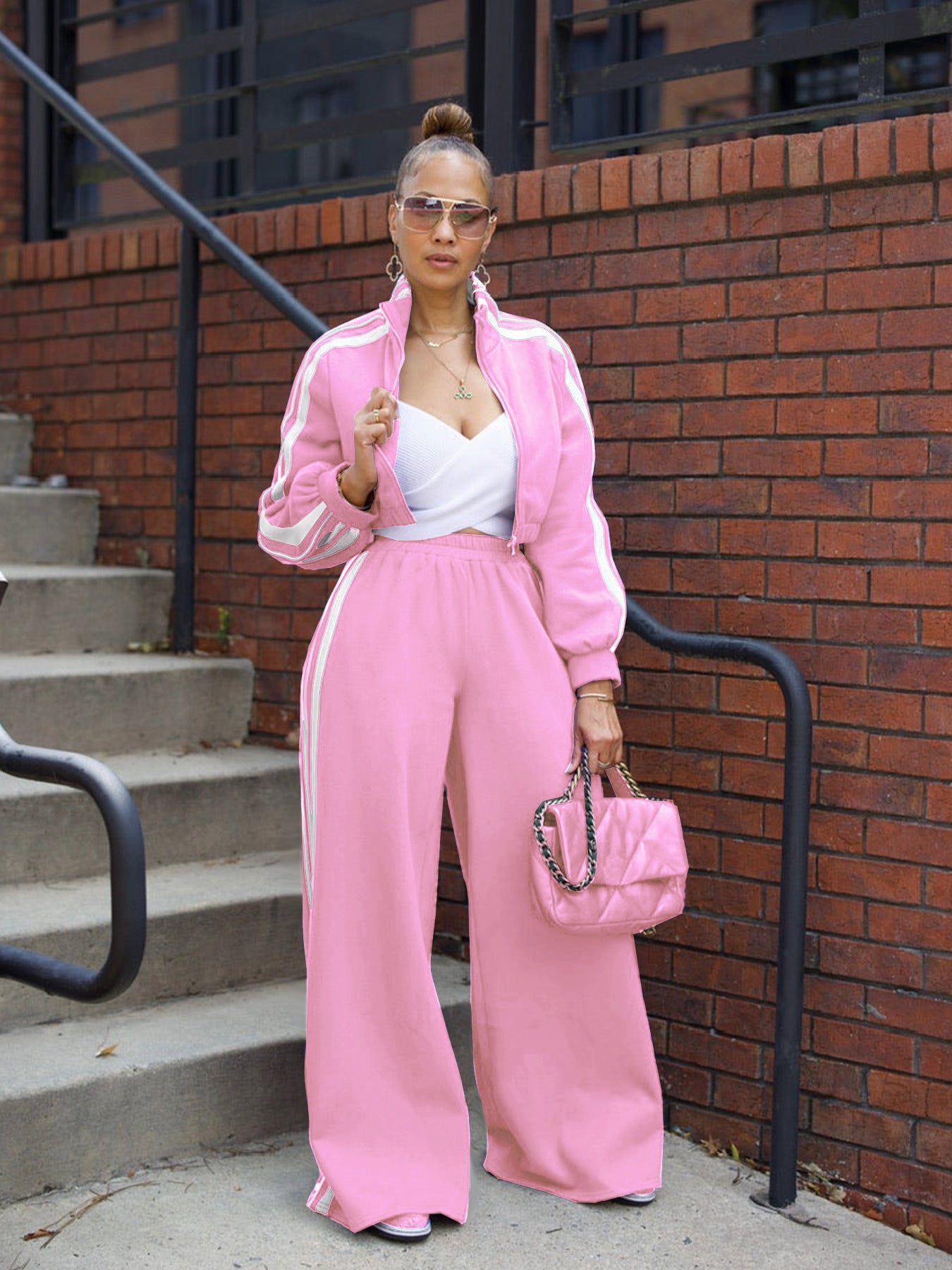 Striped Zipper Thickening Sweater Leisure Commute Suit