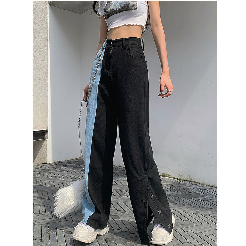 Black and blue color block high-rise split jeans