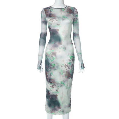 Women's Clothing Autumn New Casual Printed Finger Stall Long Sleeve Round Neck Stitching Mesh Length Dress