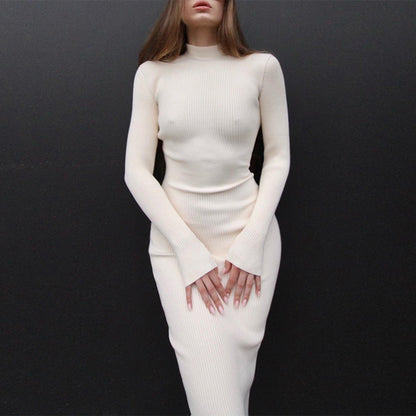 Long Pit-striped Knitted Skirt With High Collar