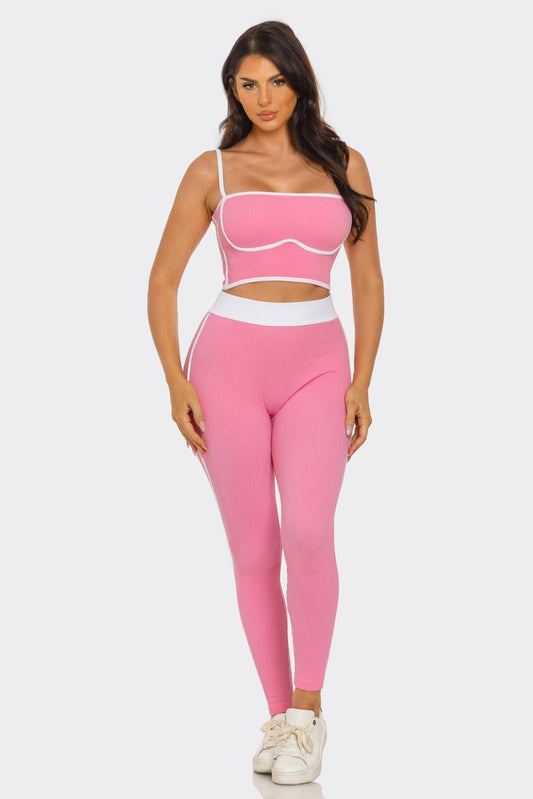 Seamless Rib Contrast Trim Top And Leggings Set