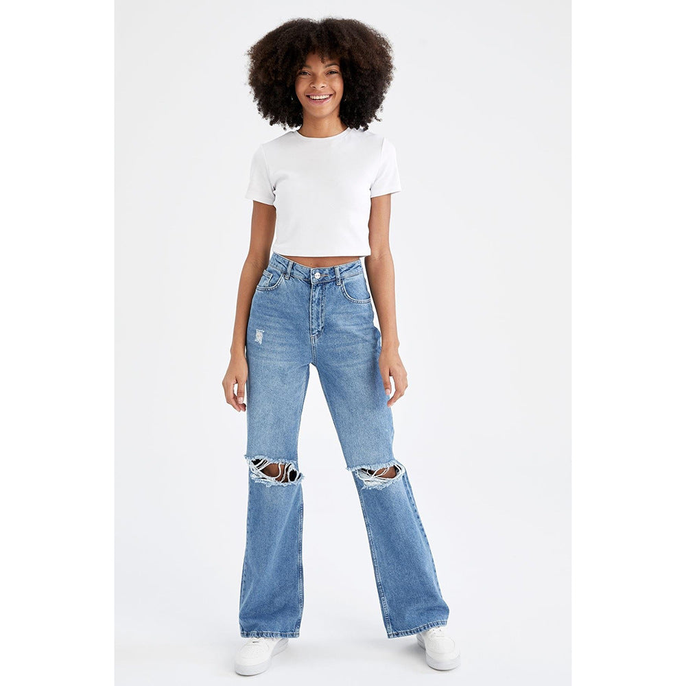 Retro Distressed Drop-waist Women's Loose Wide-leg Floor-length Pants