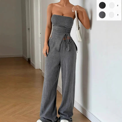 Sexy Chest Wrap Two-piece Set Slit Top Straight Trousers Pit Strip Set