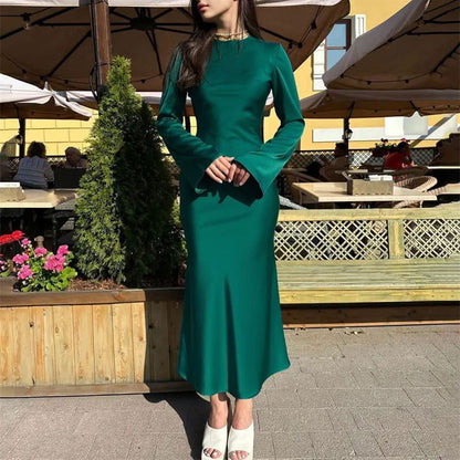 Women's Clothing Temperament Pure Color Long Sleeve Round Neck Waist Trimming Sheath French Dress