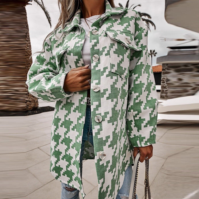 Loose-fitting Long Sleeves Houndstooth Woolen Coat