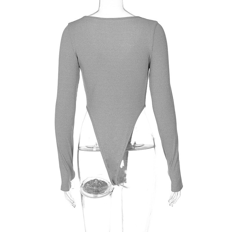 Women's Solid Color Deep V Slim Long Sleeve Bodysuit