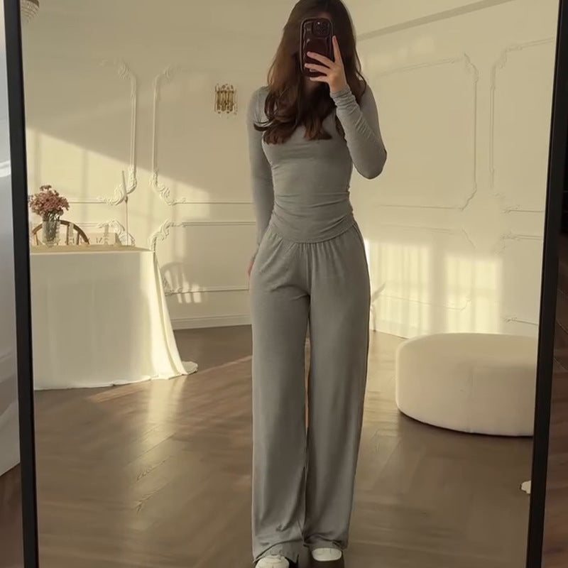 Women's Round Neck Solid Color Wide Leg Pants Stylish Office Suit