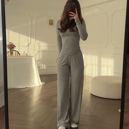 Women's Round Neck Solid Color Wide Leg Pants Stylish Office Suit