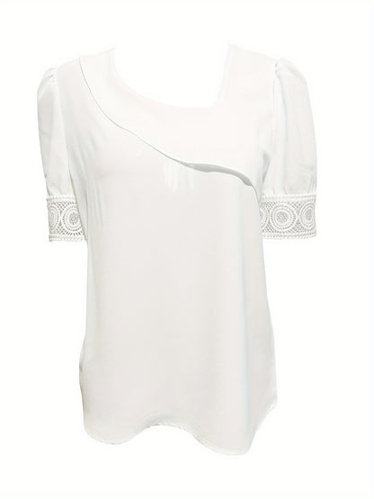 Solid Color Lace V-neck Patchwork Short Sleeve Shirt