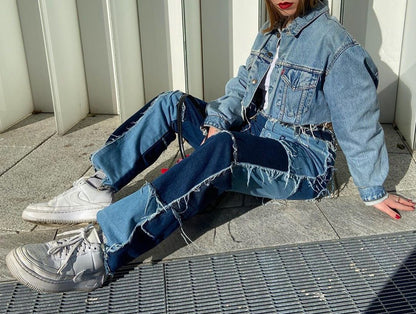High-rise colorblock slim-fit straight-leg jeans