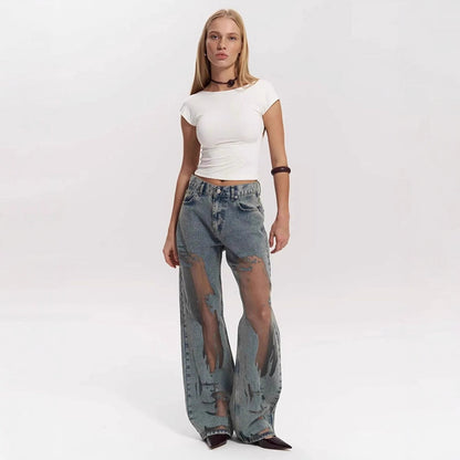 Retro Straight-leg Pants Hollow Texture Niche Design Jeans Y2g Wide Leg