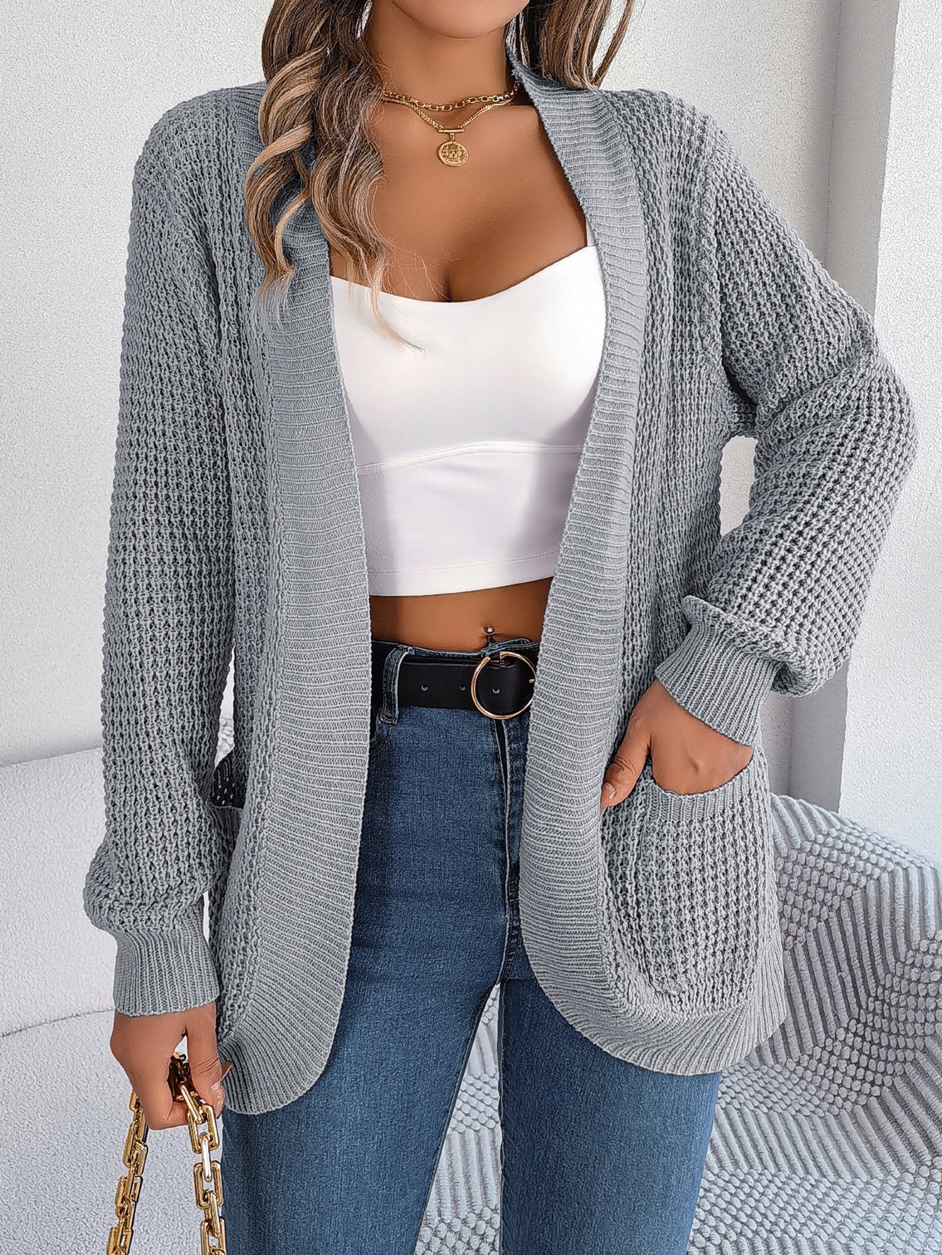 Casual Pocket Long Sleeve Knit Cardigan Sweater
