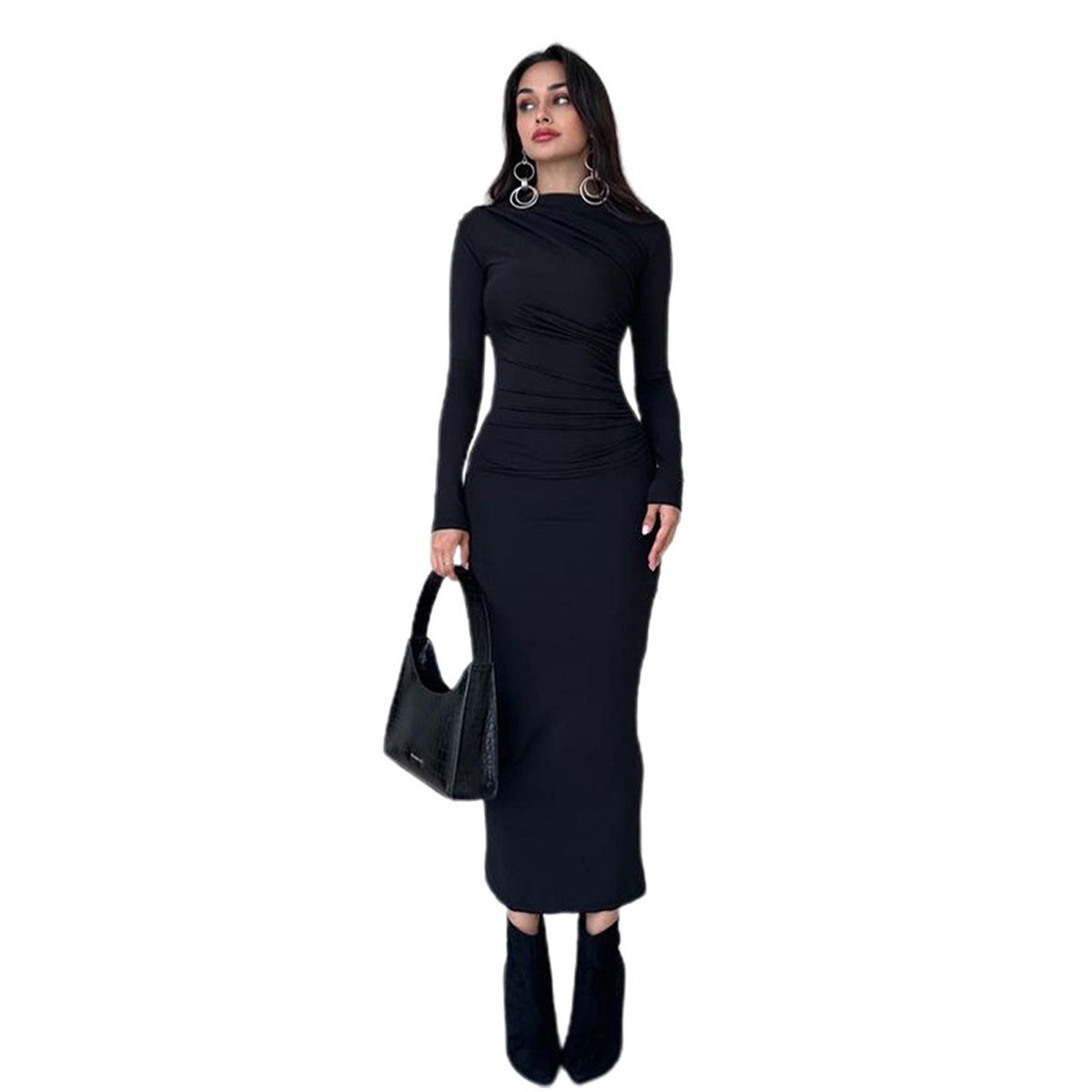 Slim-fit High-grade Pure Color Temperament Long Sheath Dress