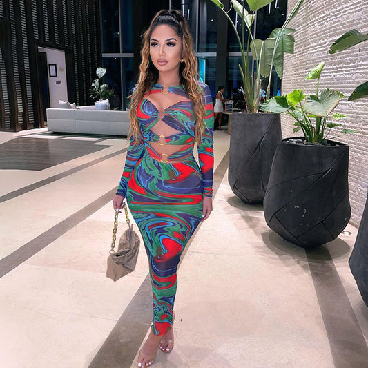 Printed Contrast Color Design Sense Bag Hip Dress