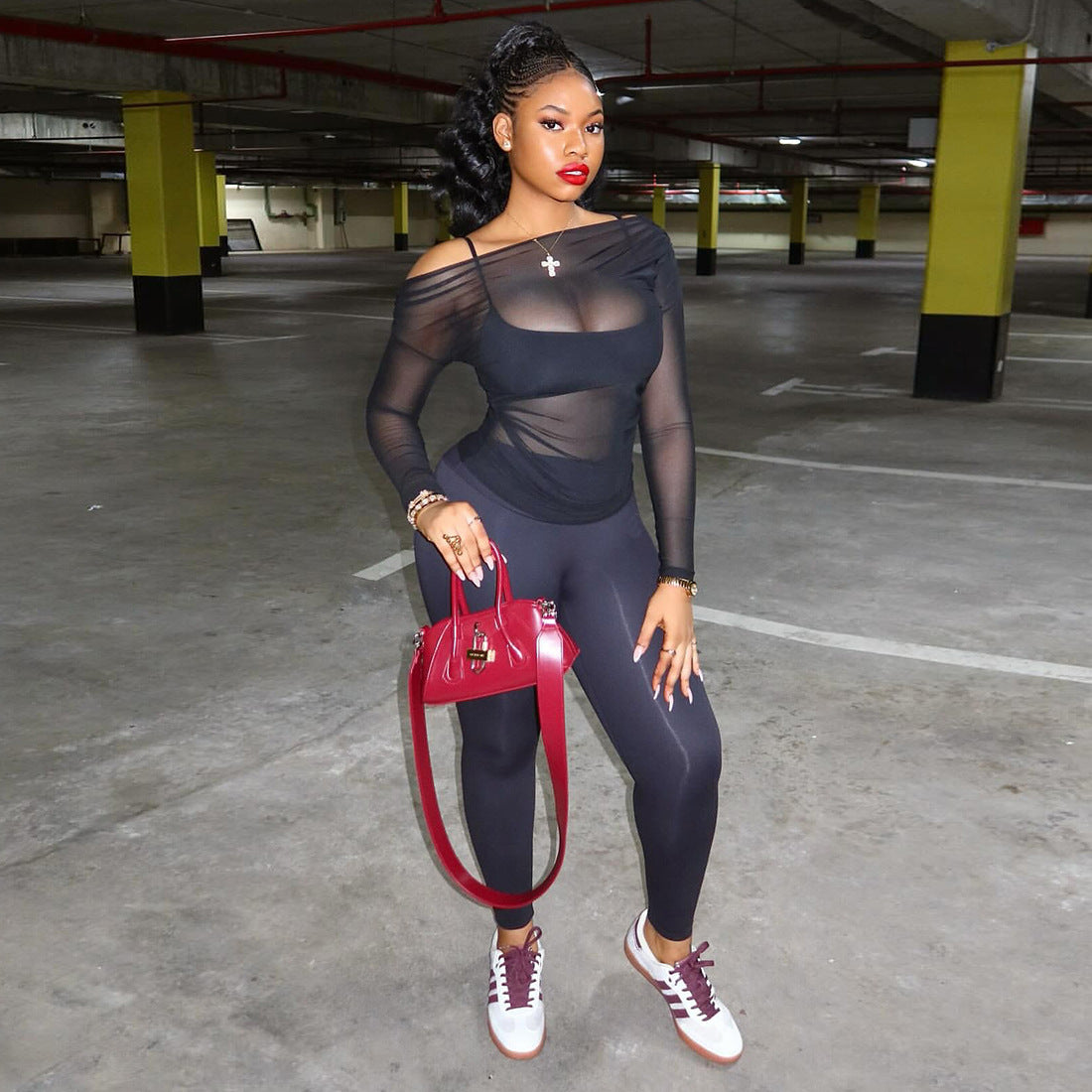 Women's Sexy Sheer Top, Spaghetti Strap Vest And High-waisted Slim Pants Three-piece Set