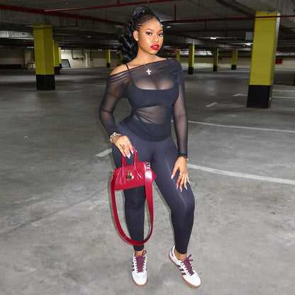 Women's Sexy Sheer Top, Spaghetti Strap Vest And High-waisted Slim Pants Three-piece Set