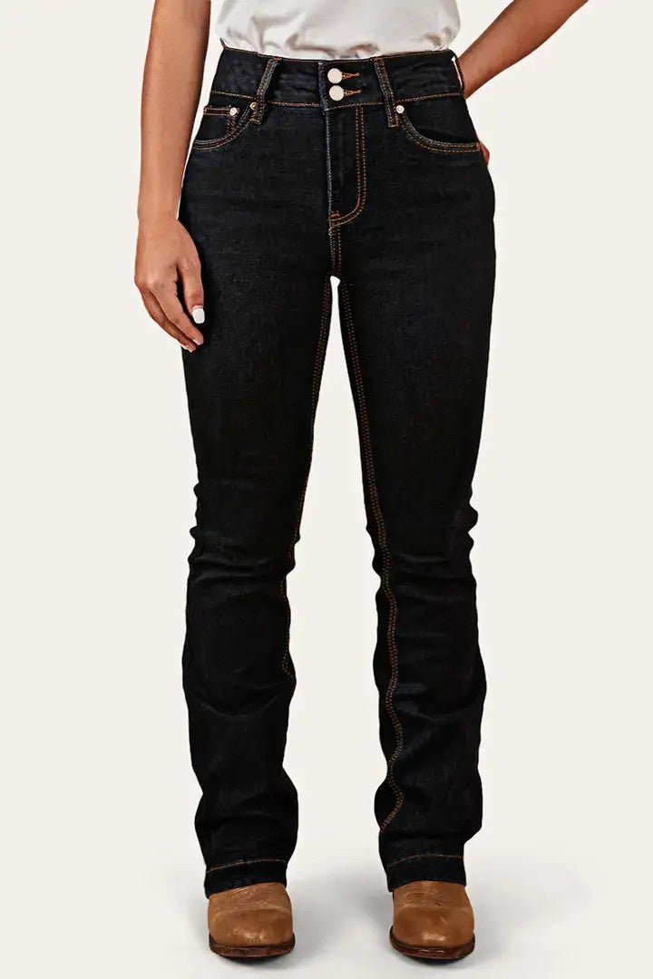 High-Rise Bootcut Jeans For Women, Tummy Control Dark Wash Denim With Double Button Waist, Durable Western Work & Riding Pants
