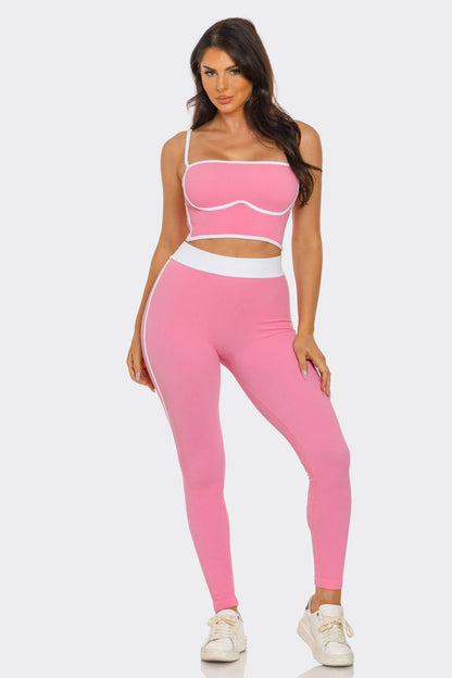 Seamless Rib Contrast Trim Top And Leggings Set