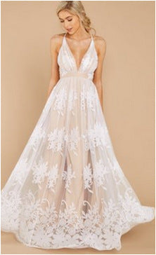 Sling Deep V Mesh Embroidered Dress