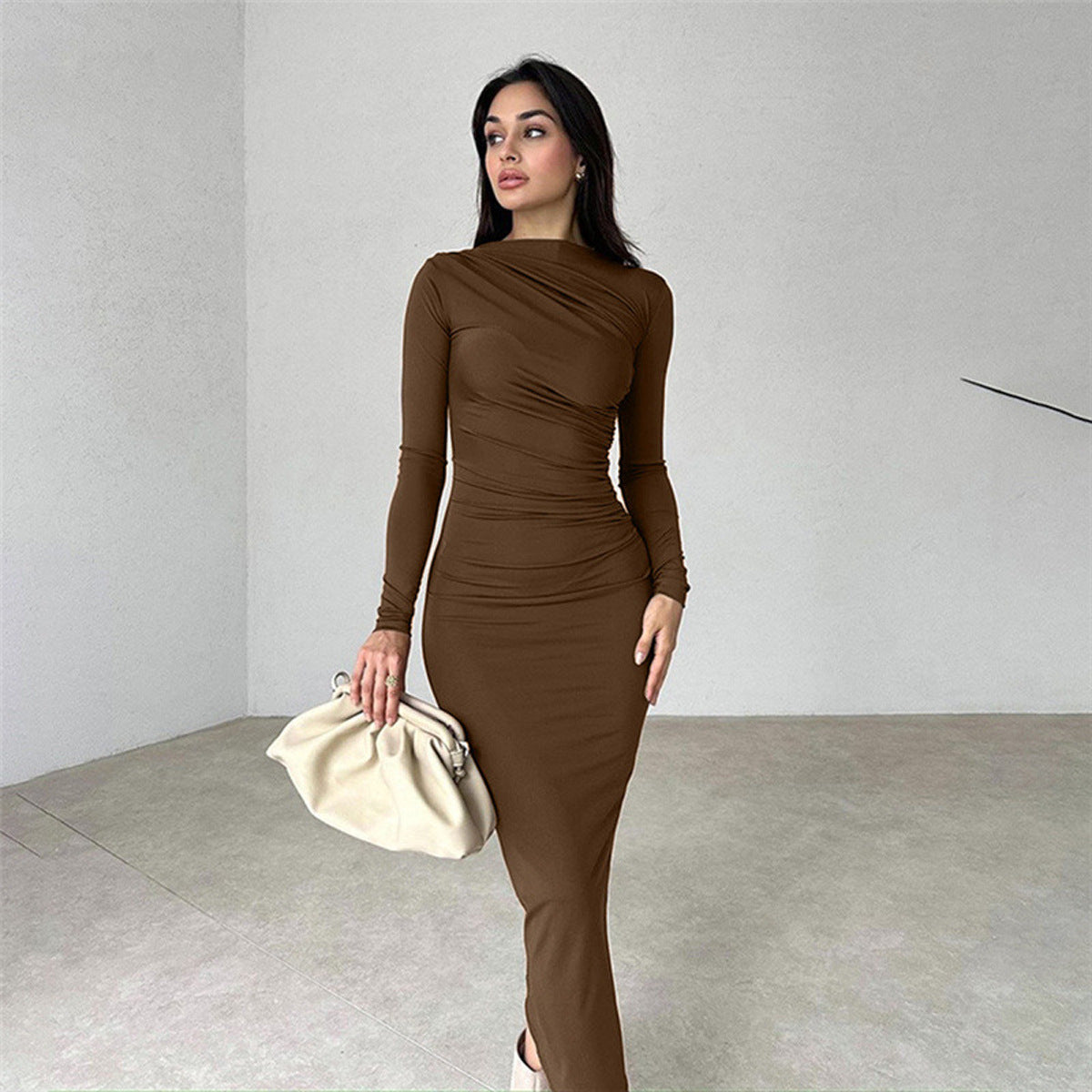 Slim-fit High-grade Pure Color Temperament Long Sheath Dress