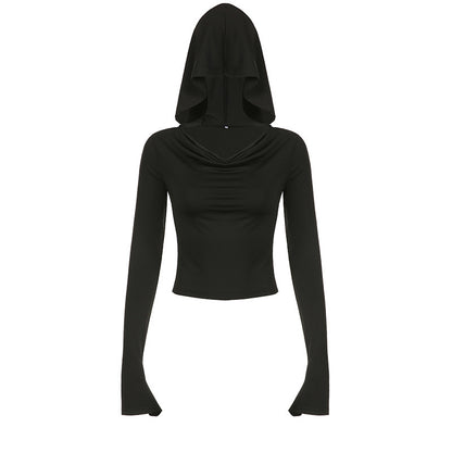 Solid Color Swing Collar Off-shoulder Hooded Top