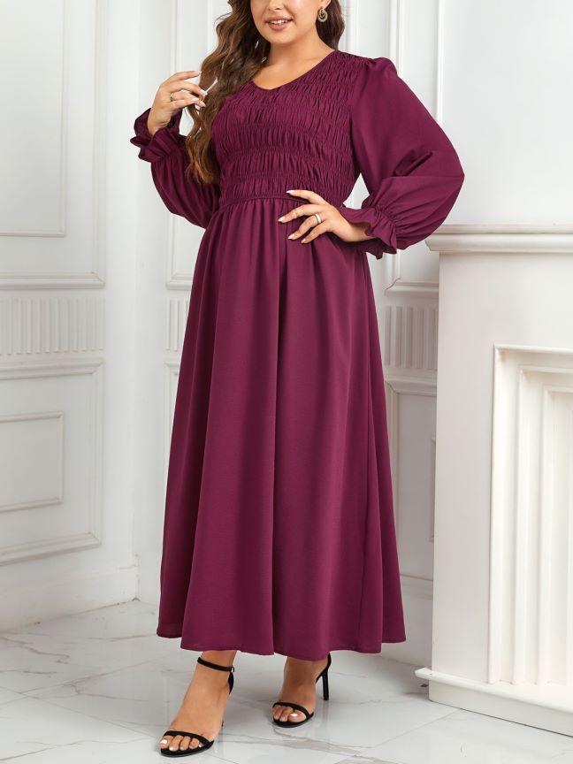 Round Neck Puff Sleeve A- Line Style Pleated Waist Tight Slimming Dress