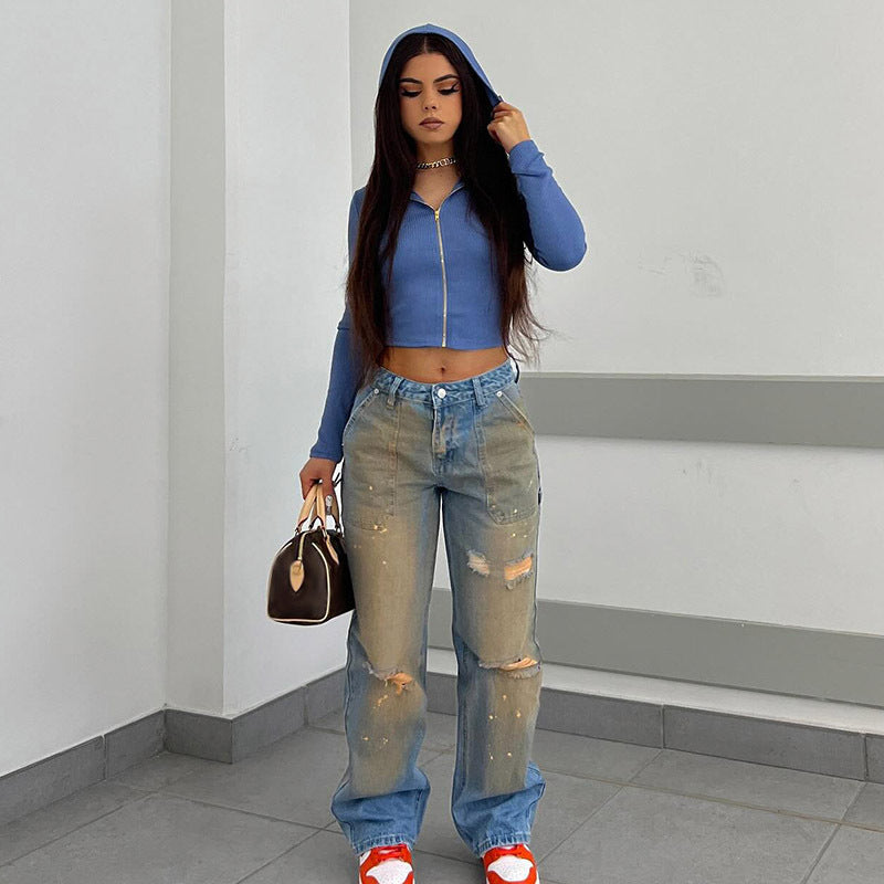 Loose Straight Fashion Street Denim  For Women