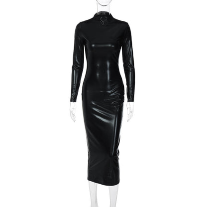 Leather Dark Solid Color Slim Dress