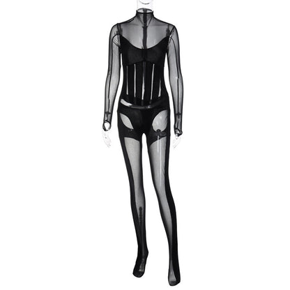 Women's Fashion Mesh See-through Stitching Tight Jumpsuit