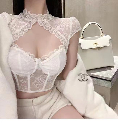 Lace Diamond Sexy Cutout Steel Ring Fishbone Slim Fit Crop-top Short Top