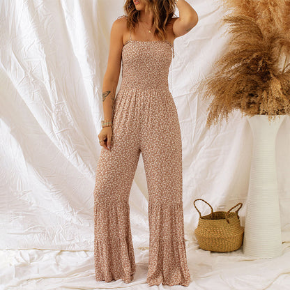 Sleeveless Long Waist Wrapped Chest Floral Horn Jumpsuit