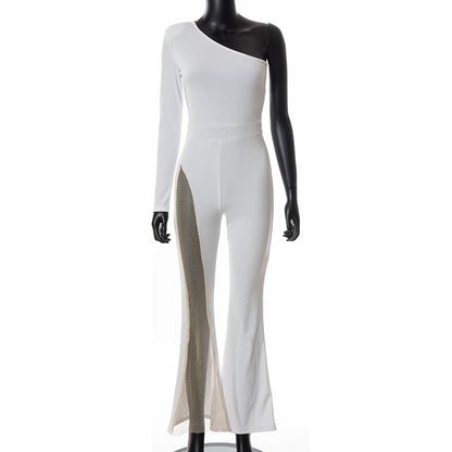 Fashion Solid Color One-shoulder Mesh Stitching Jumpsuit