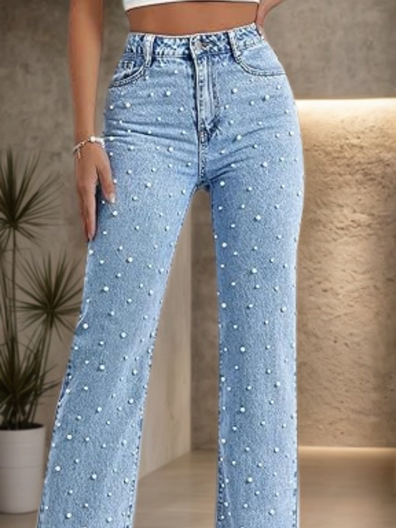 Straight Leg Denim Pants, With Sturdy Nail Bead Decoration