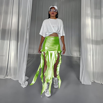 Ribbon Tassel Reflective PU Fishtail Skirt Micro Elastic Irregular