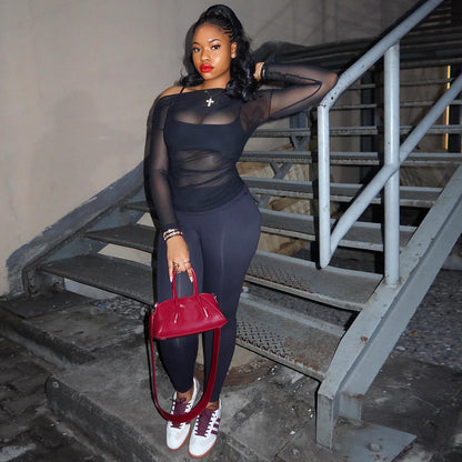 Women's Sexy Sheer Top, Spaghetti Strap Vest And High-waisted Slim Pants Three-piece Set