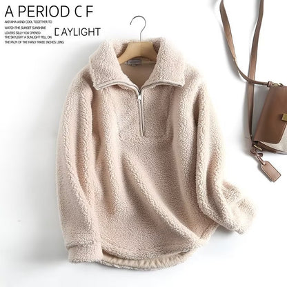 Simple Casual Sweatshirt Zipper Collar Lamb Wool Loose Pullover Coat