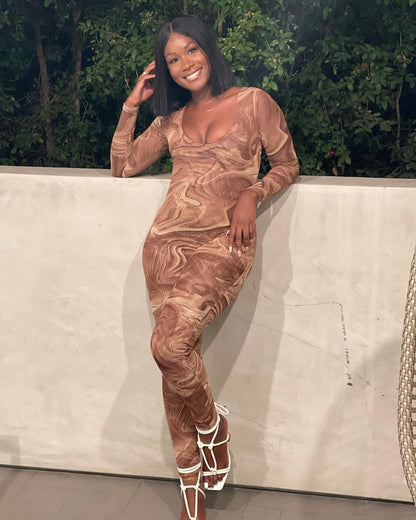 Pattern Print Long-sleeved Skinny  Jumpsuit