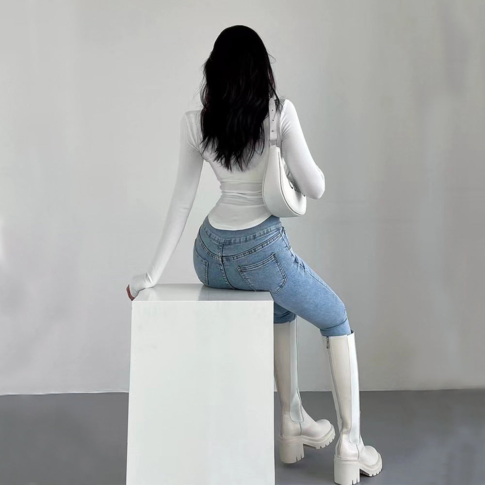 Women's Pure And Sexy Style T-shirt High-neck Slim-fit Figure-hugging Top For Autumn And Winter