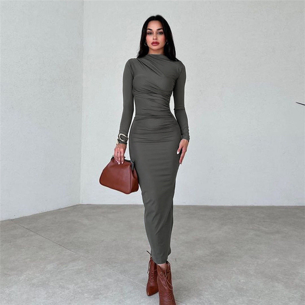 Slim-fit High-grade Pure Color Temperament Long Sheath Dress
