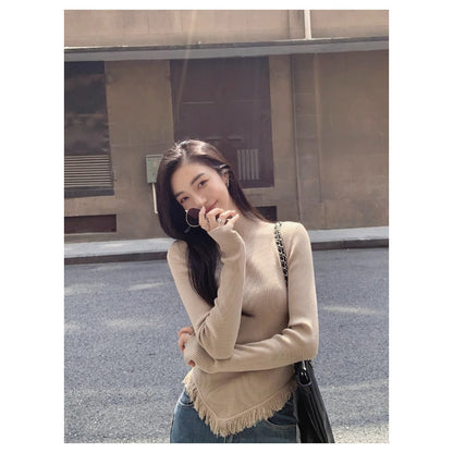 Women's Solid Color Semi High Neck Tassel Knit Base Sweater