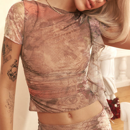 Ruffled Round Neck Printing Short Sleeve