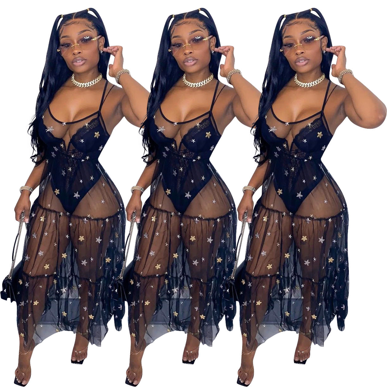 Sling Sequin Mesh Swing Dress Women's