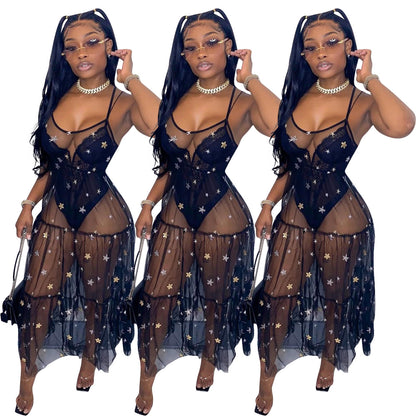 Sling Sequin Mesh Swing Dress Women's