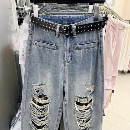 Blue With Holes Design Straight Jeans