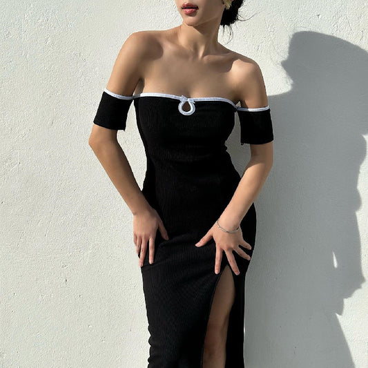 Summer New Fashion Off-neck Tube Top Hollow High Waist Split Short Sleeve Long Dress
