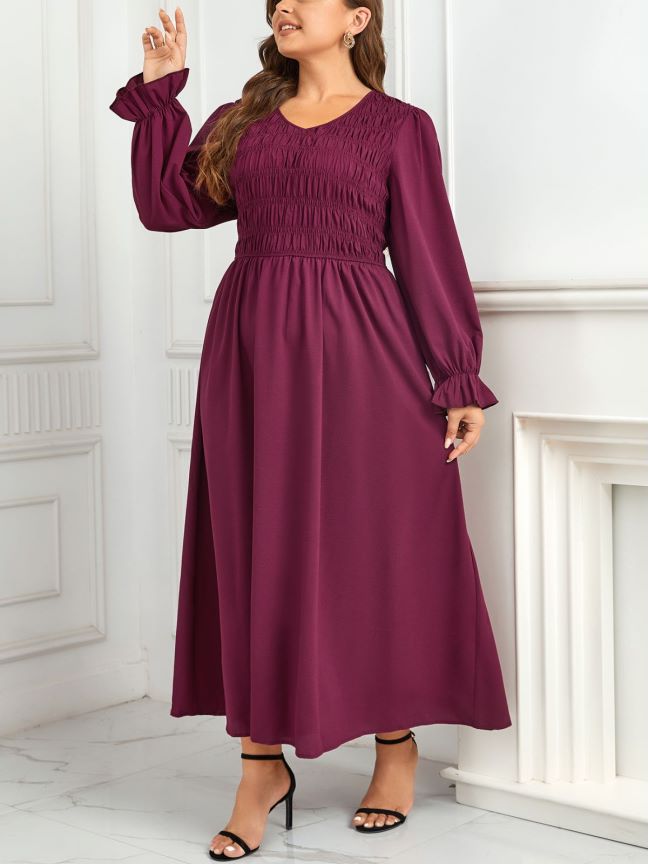 Round Neck Puff Sleeve A- Line Style Pleated Waist Tight Slimming Dress