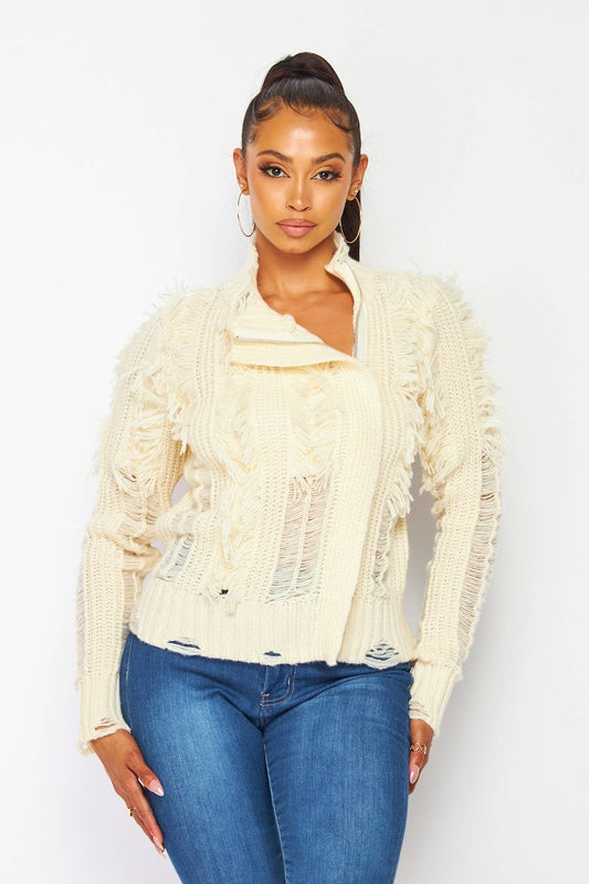 Honey Dearest Shaggy Distressed Moto Sweater
