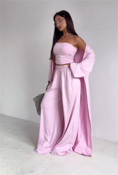 Casual Loose Cardigan Straight-leg Pants Tube Top Suit